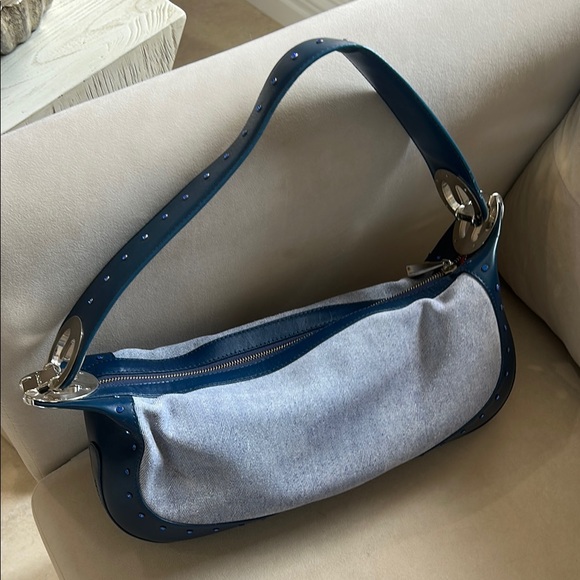 Escada denim Blue and silver Shoulder Bag w blue rhinestone details.  Like new - Picture 1 of 11